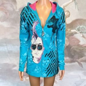 Crystal Rock Christian Audigier Bright Blue Rhinestone Hoodie Y2k Vintage Small